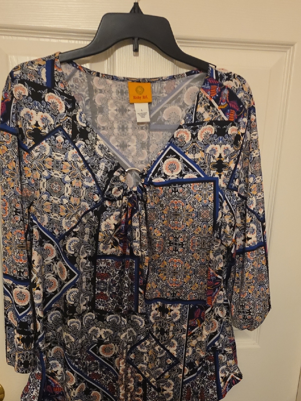 Ruby Rd. Navy and Cream Patchwork V-Neck Tunic with Tie